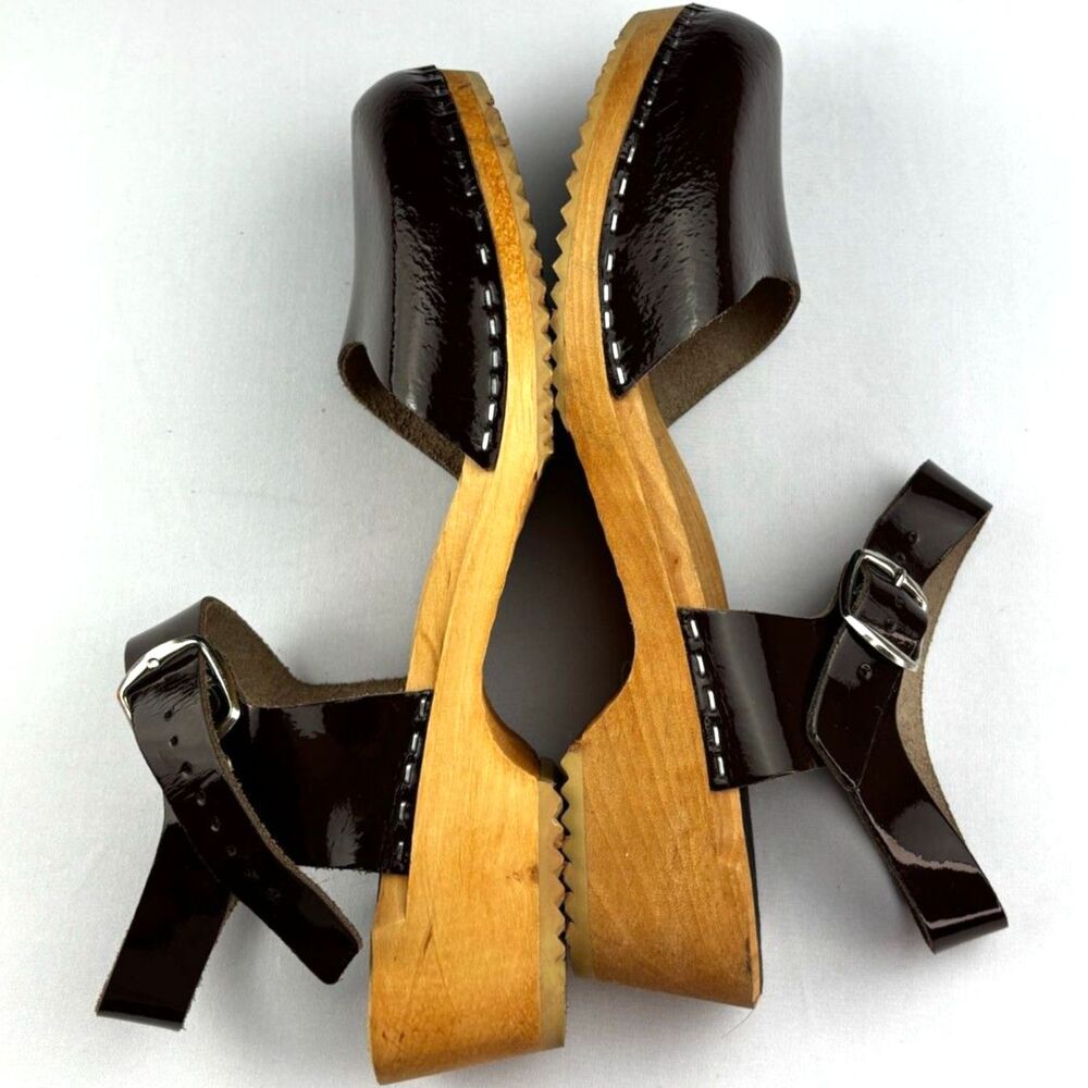 ~ Rare Funkis Swedish Wood Clogs Patent Leather Strap Boho Festival Scandinavian